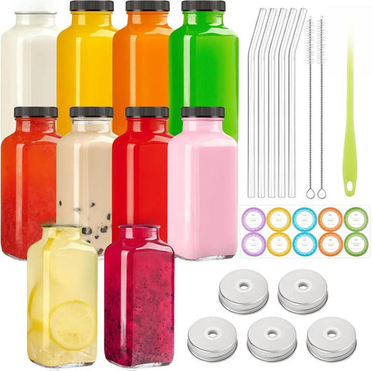10 PACK 16 Oz Glass Juice Bottles with Lids, Reusable Travel Drinking Jars Juice Containers, Glass Bottles for Juicing with Brush, Straws, Lids with Hole